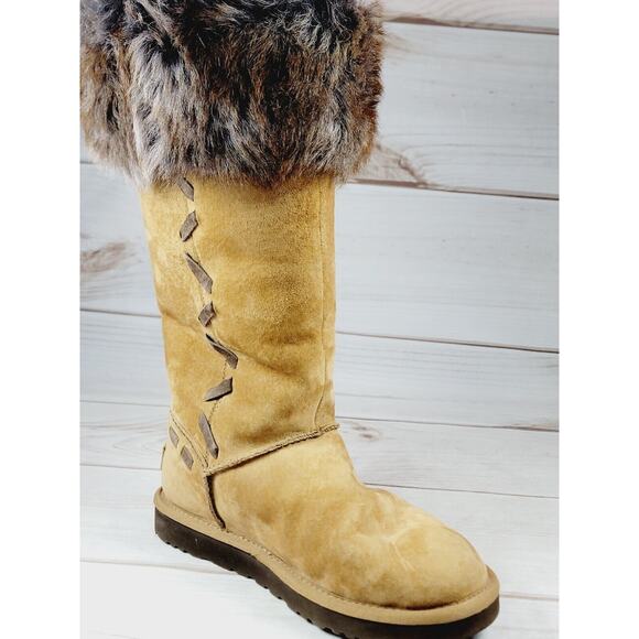 UGG Boots Australia Rosana Fur Cuff Style 1008044 Chestnut Wool Brown Boots Sz 7 - Picture 14 of 16